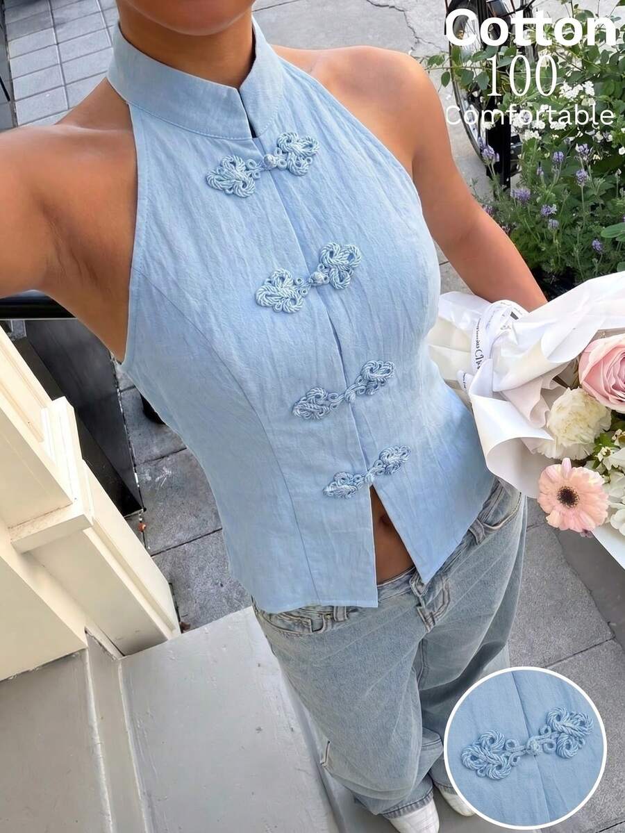 Top sin mangas con botones de estilo chino