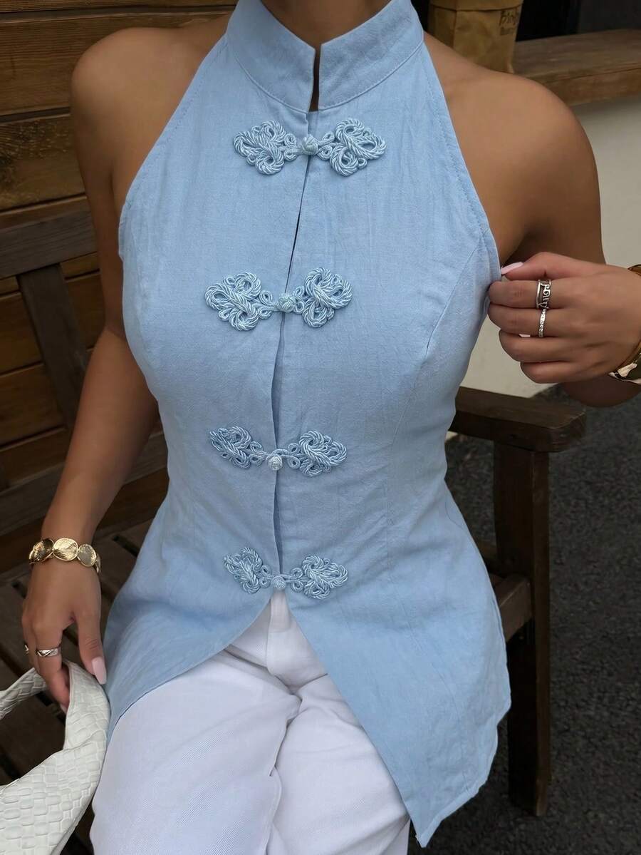 Top sin mangas con botones de estilo chino