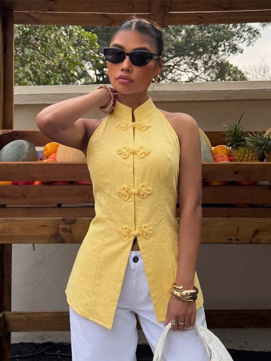 Top sin mangas con botones de estilo chino