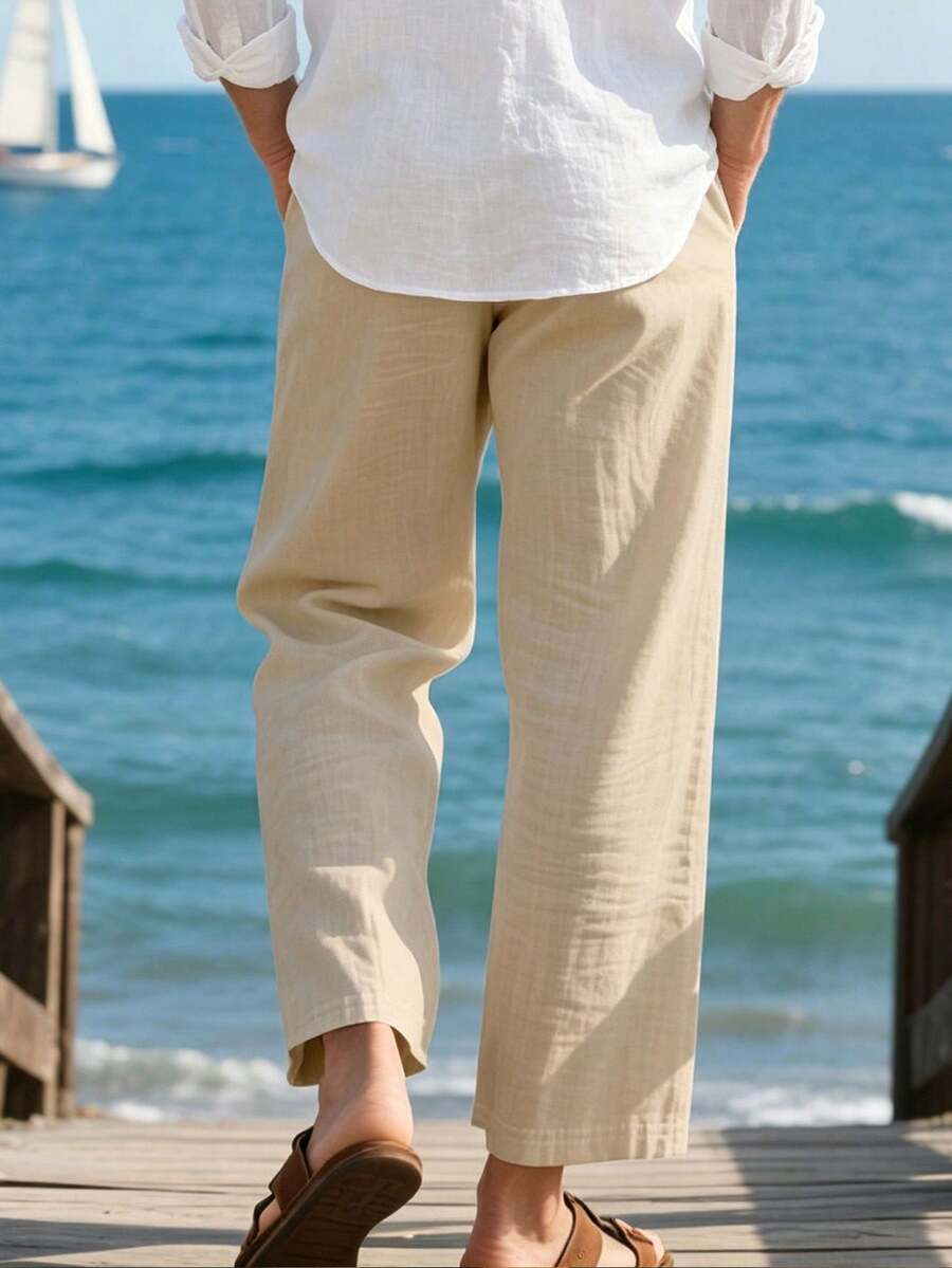 Pantalones casuales sueltos de lino negro tejido, adecuados para primavera/otoño/verano