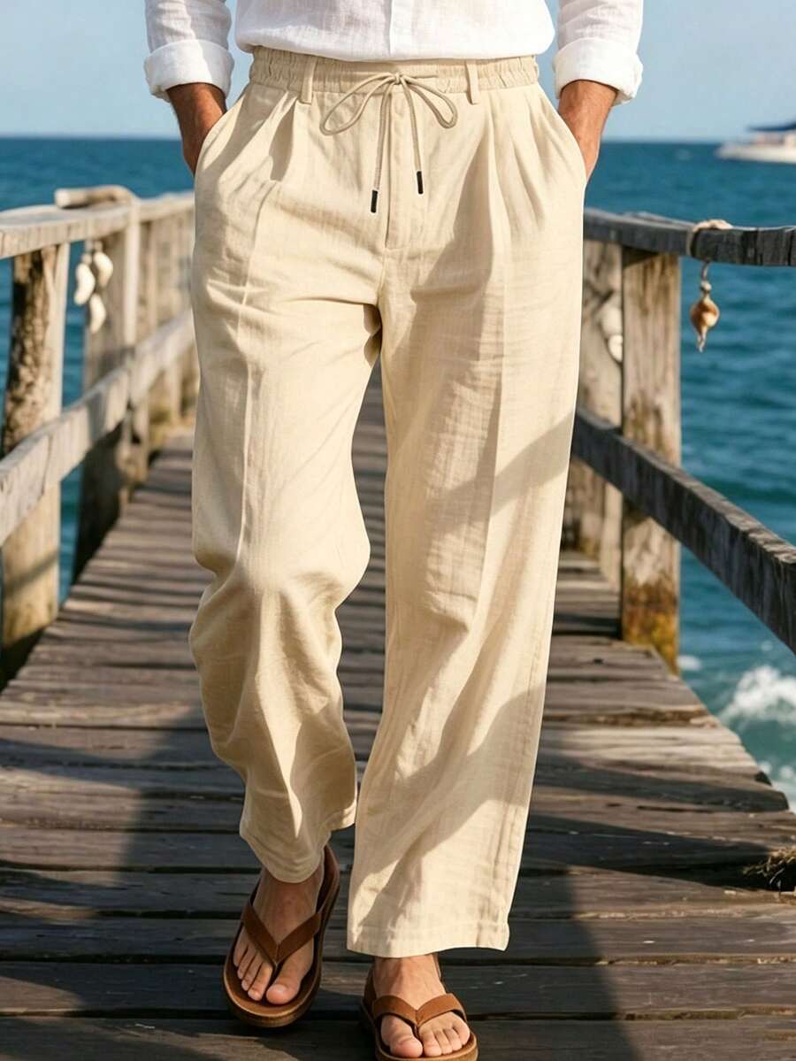 Pantalones casuales sueltos de lino negro tejido, adecuados para primavera/otoño/verano