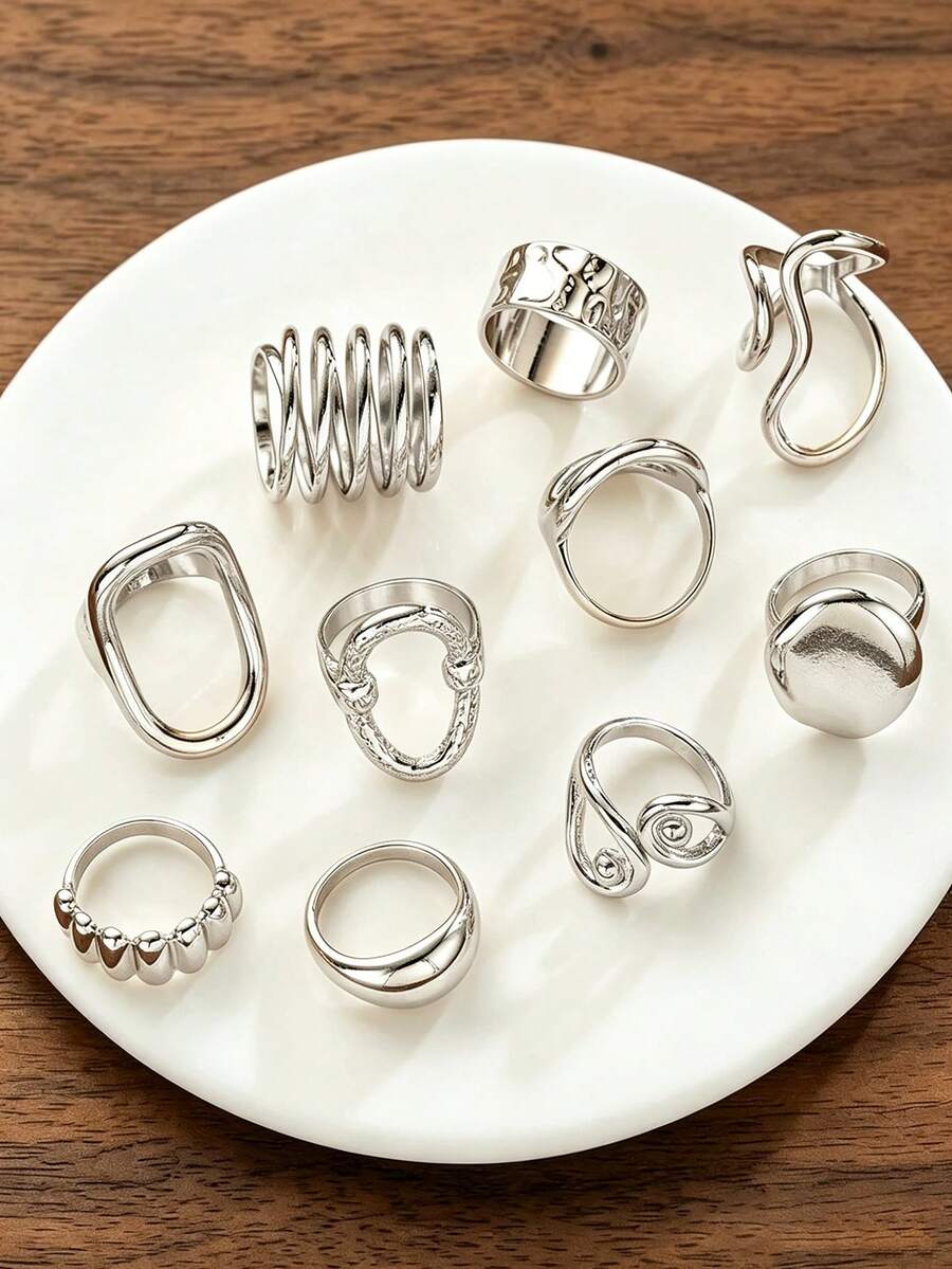 Set de 10 anillos de banda ancha geométrica hueca minimalista y elegante
