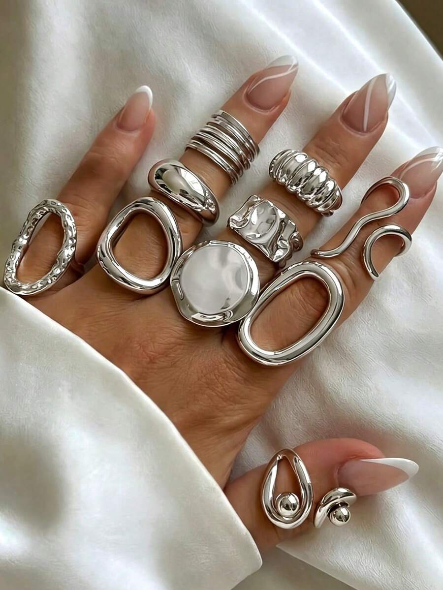Set de 10 anillos de banda ancha geométrica hueca minimalista y elegante