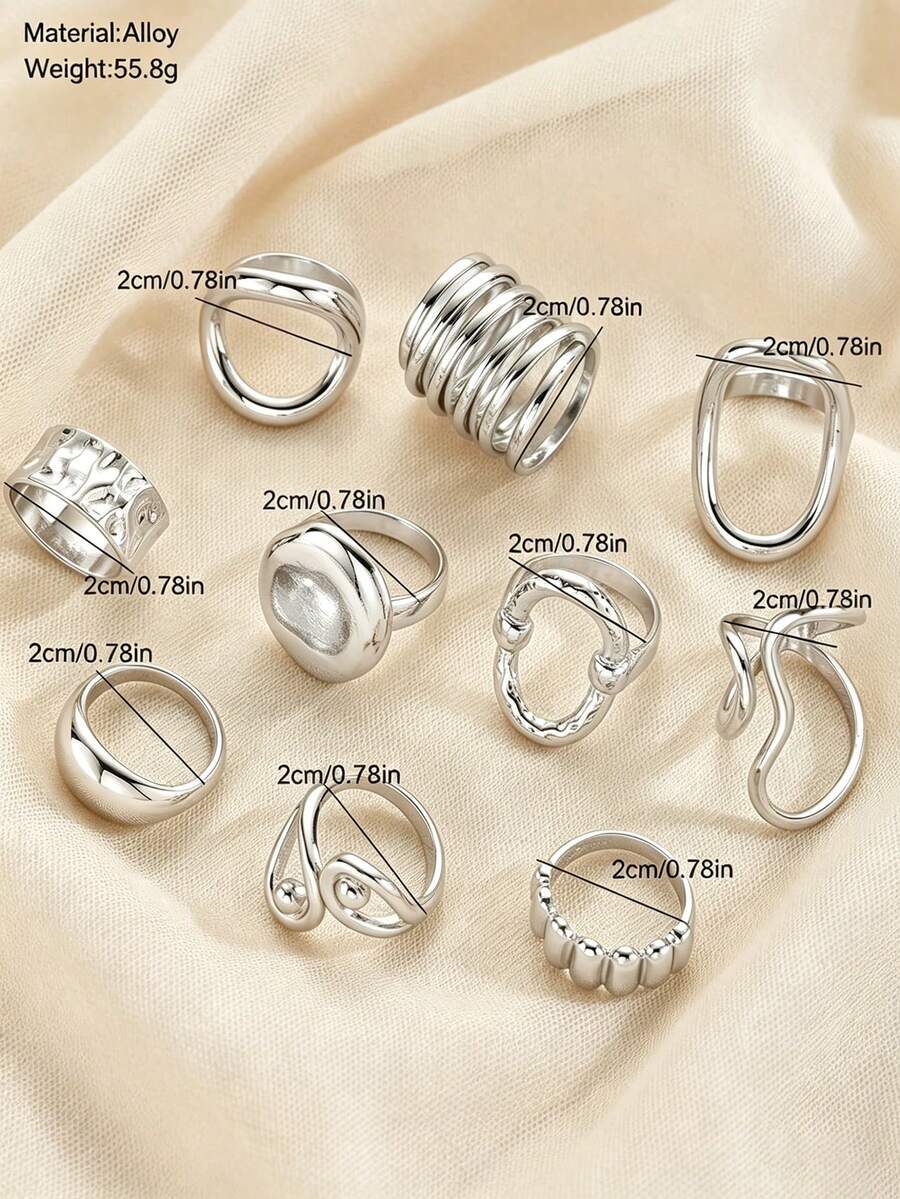 Set de 10 anillos de banda ancha geométrica hueca minimalista y elegante