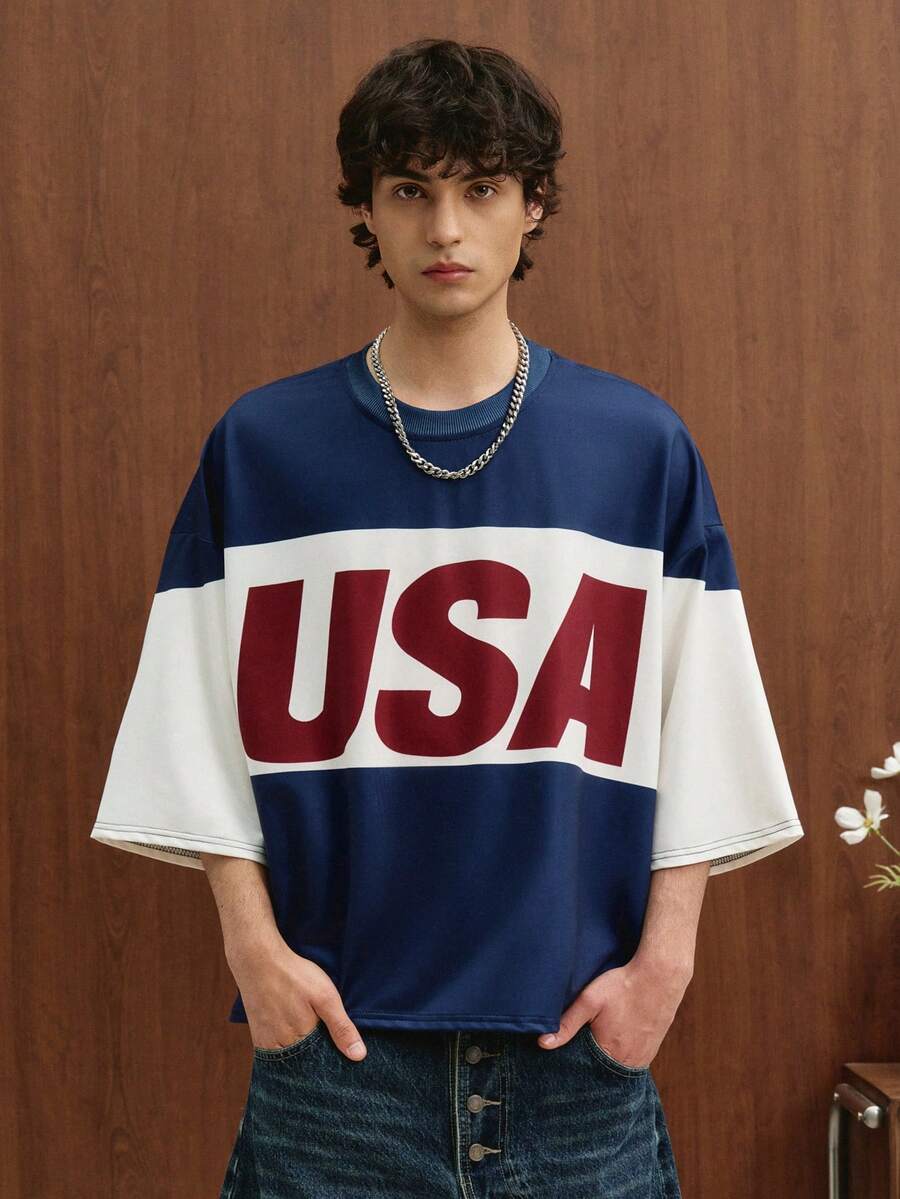 Camiseta suelta de hombro caído con estampado de letras casual para hombre