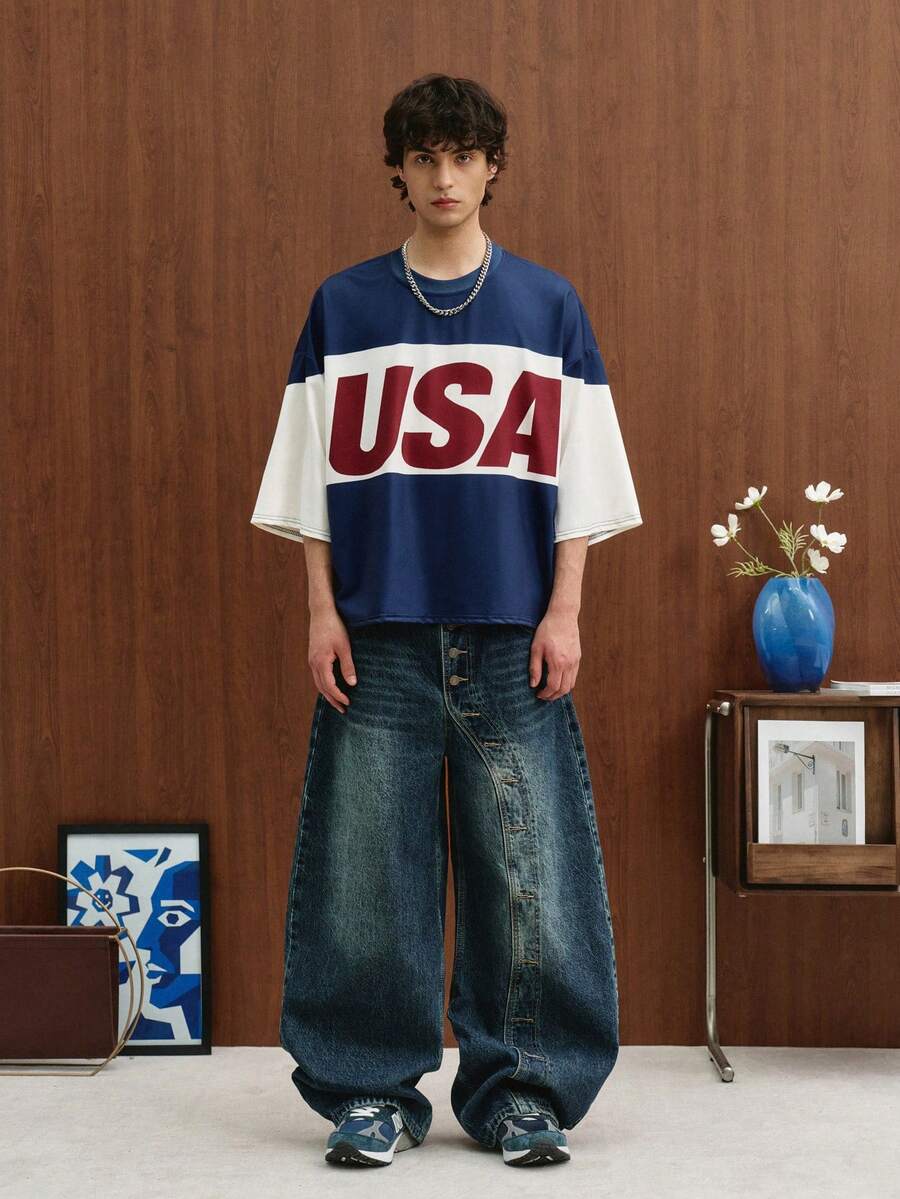 Camiseta suelta de hombro caído con estampado de letras casual para hombre