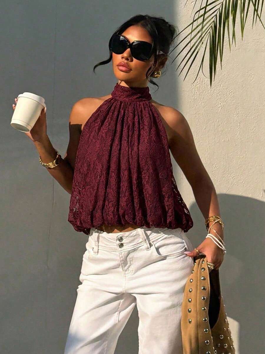Blusa de verano casual de mujer con estampado de lunares y escote halter