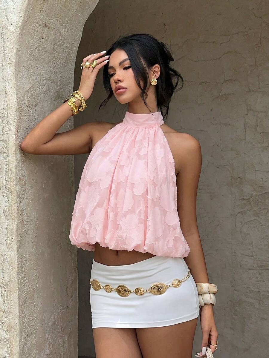 Blusa de verano casual de mujer con estampado de lunares y escote halter