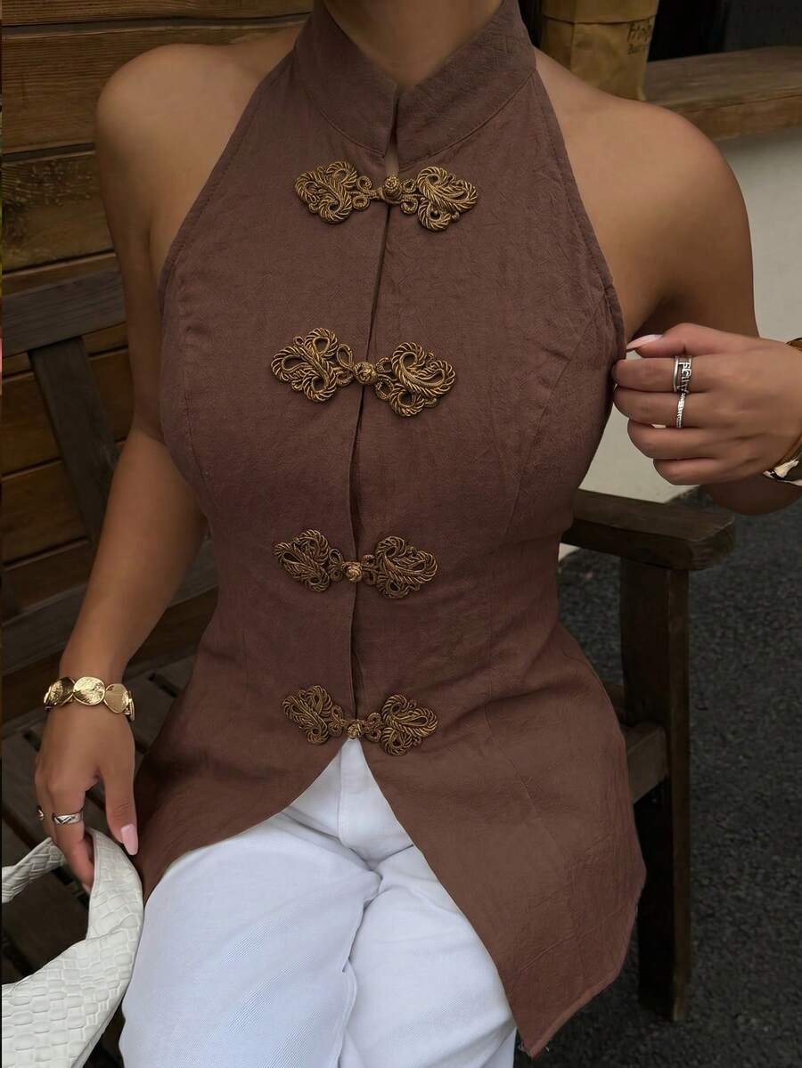 Top sin mangas con botones de estilo chino
