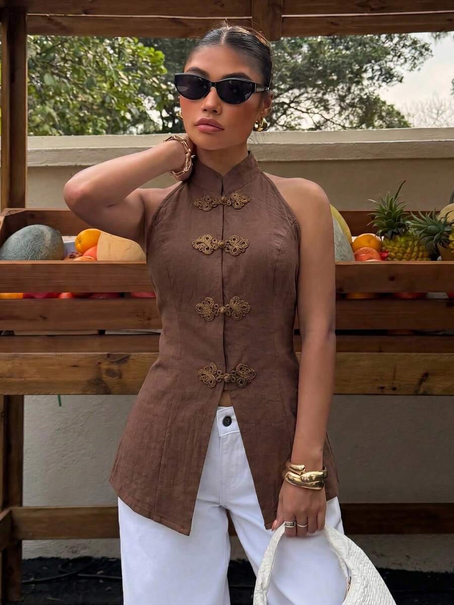 Top sin mangas con botones de estilo chino