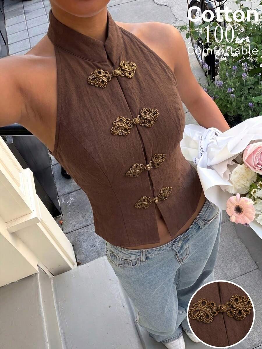 Top sin mangas con botones de estilo chino
