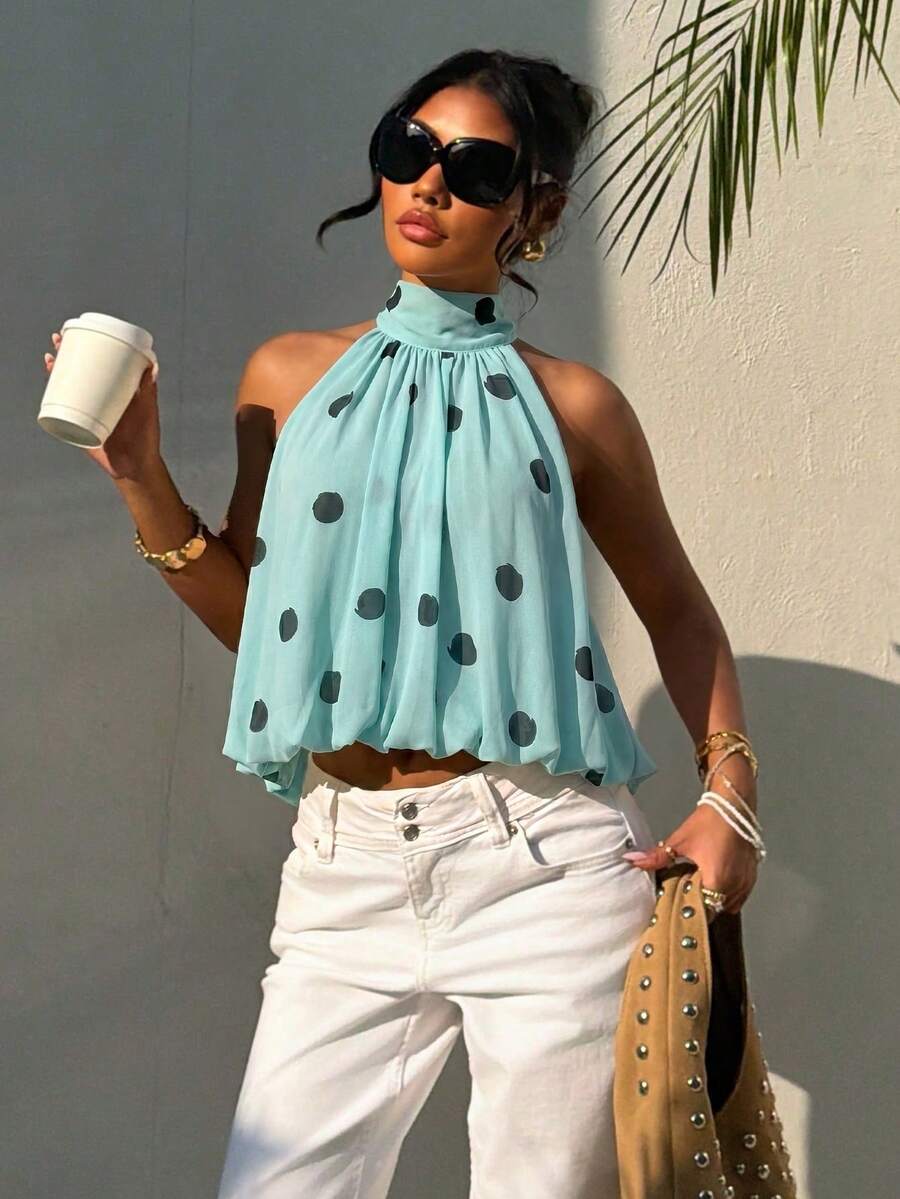 Blusa de verano casual de mujer con estampado de lunares y escote halter