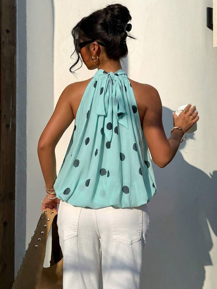 Blusa de verano casual de mujer con estampado de lunares y escote halter