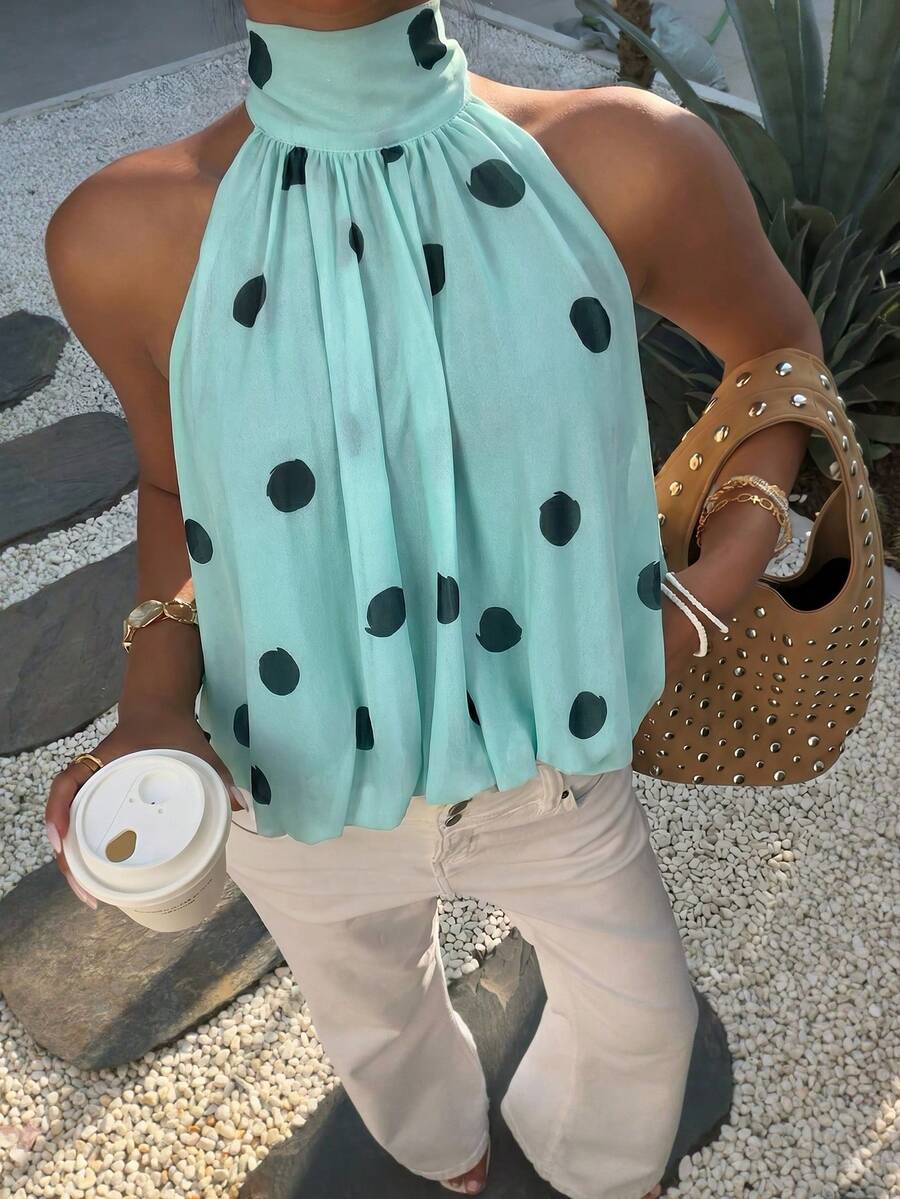 Blusa de verano casual de mujer con estampado de lunares y escote halter