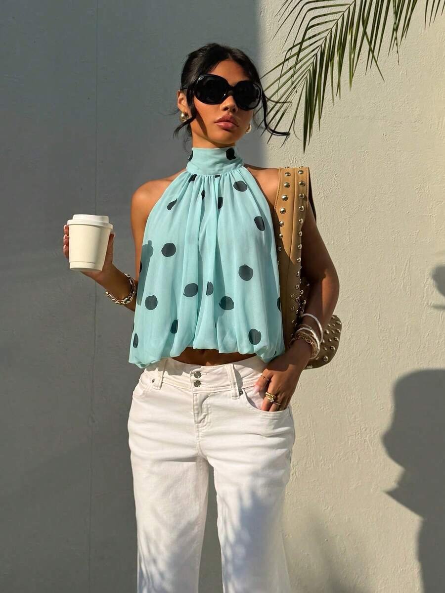 Blusa de verano casual de mujer con estampado de lunares y escote halter