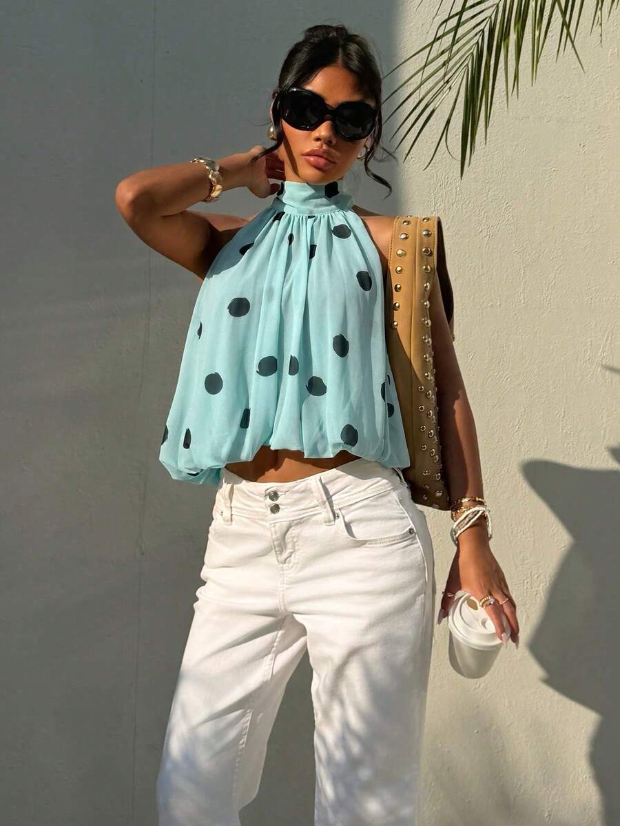 Blusa de verano casual de mujer con estampado de lunares y escote halter