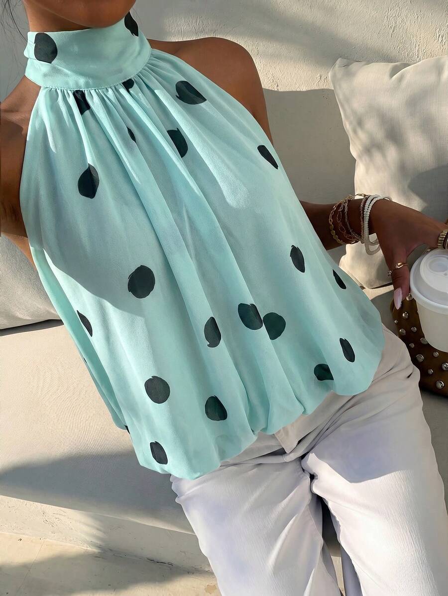 Blusa de verano casual de mujer con estampado de lunares y escote halter