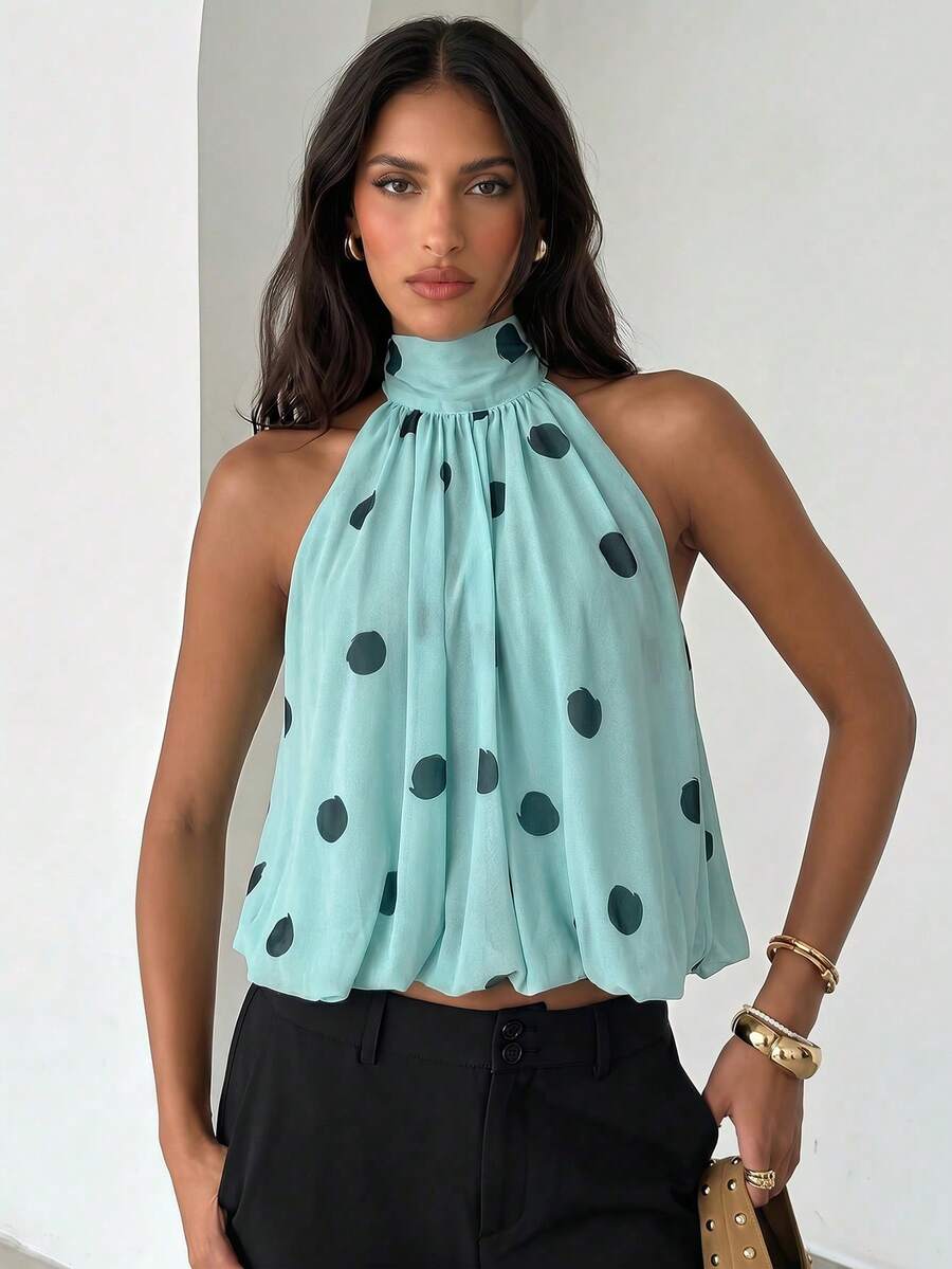 Blusa de verano casual de mujer con estampado de lunares y escote halter