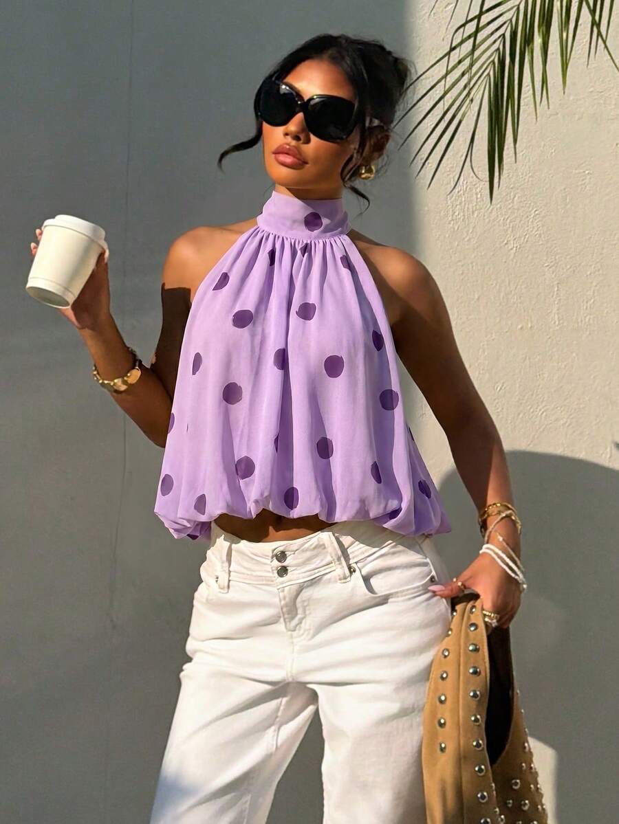 Blusa de verano casual de mujer con estampado de lunares y escote halter