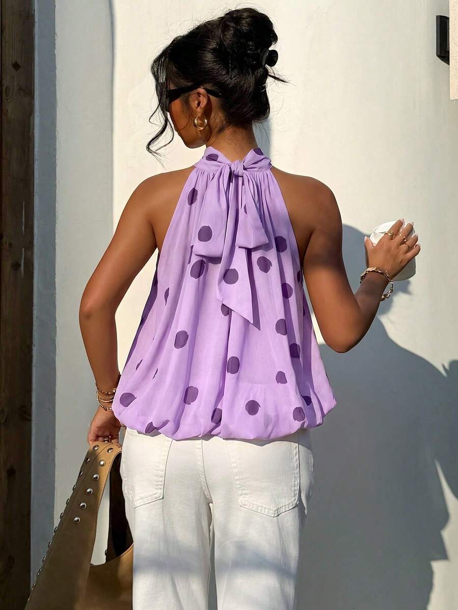 Blusa de verano casual de mujer con estampado de lunares y escote halter