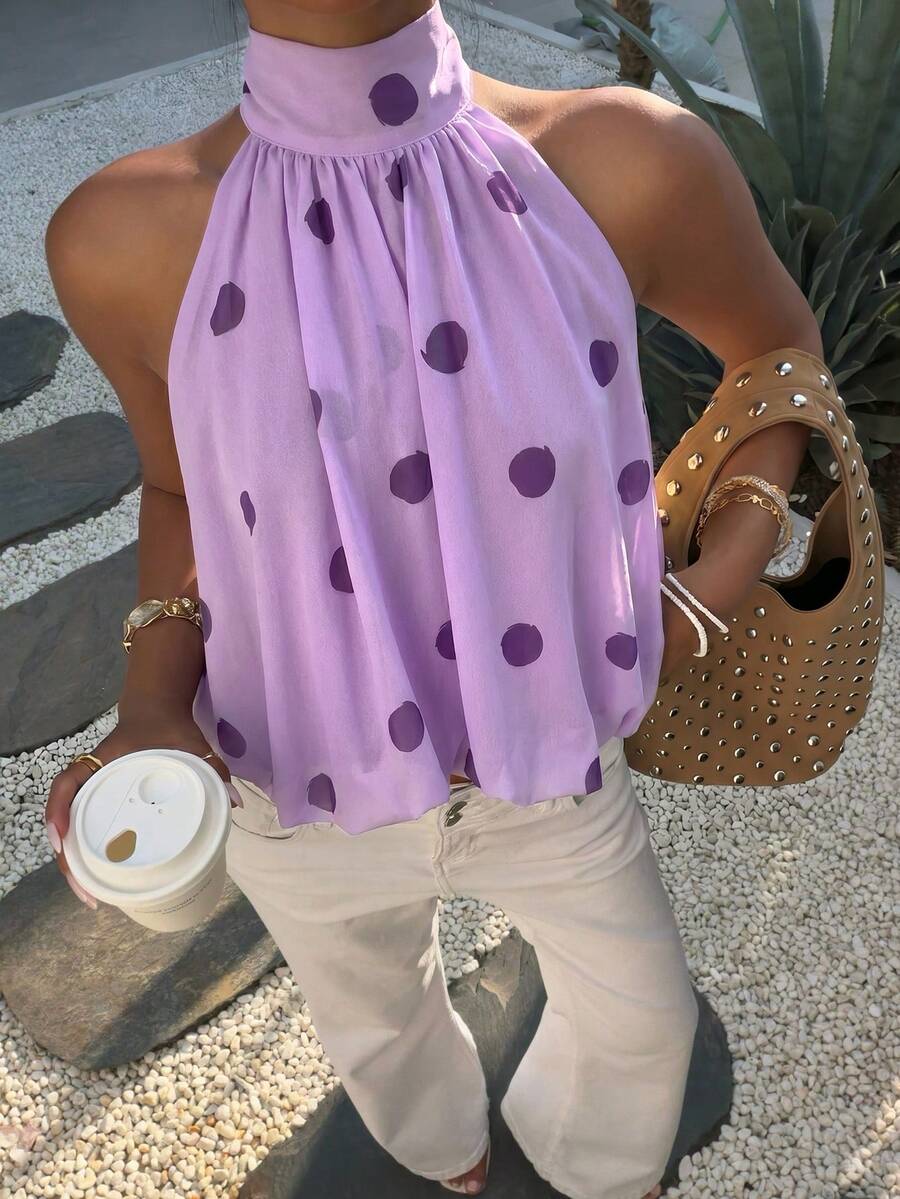 Blusa de verano casual de mujer con estampado de lunares y escote halter