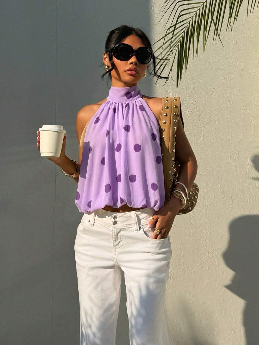 Blusa de verano casual de mujer con estampado de lunares y escote halter