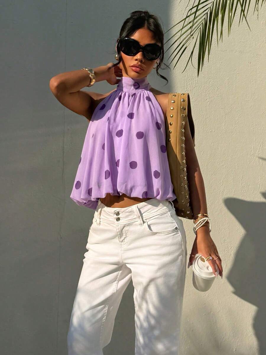 Blusa de verano casual de mujer con estampado de lunares y escote halter