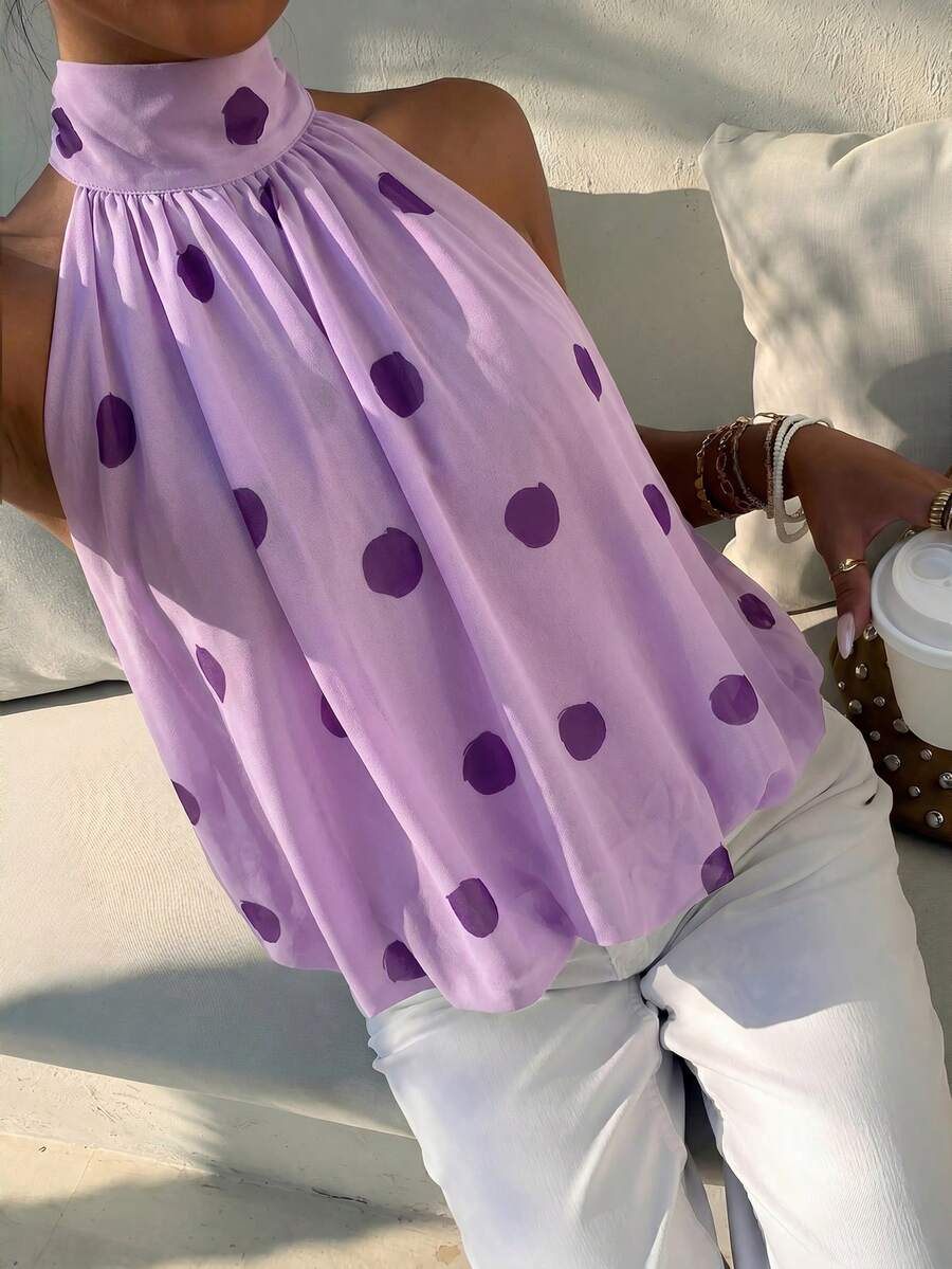 Blusa de verano casual de mujer con estampado de lunares y escote halter