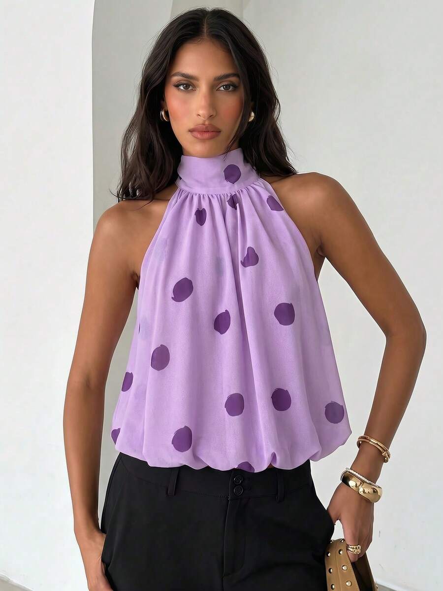 Blusa de verano casual de mujer con estampado de lunares y escote halter