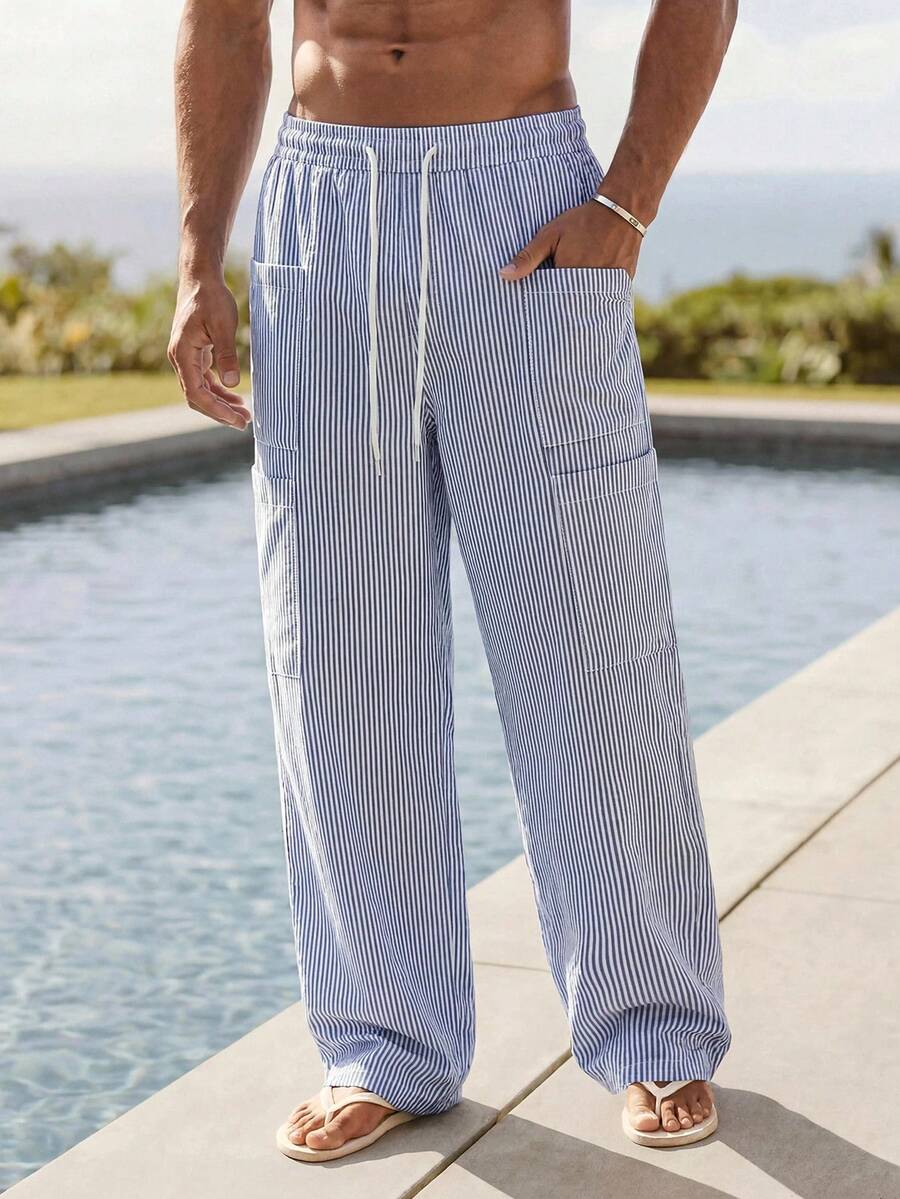 Pantalones de cintura alta y pierna ancha para hombre con frente plisado