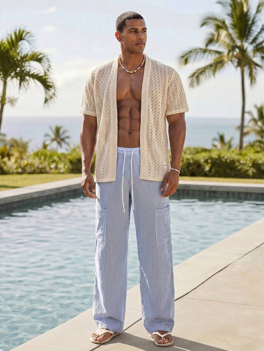 Pantalones de cintura alta y pierna ancha para hombre con frente plisado
