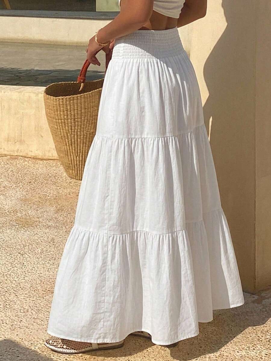 DAZY Falda acampanada de verano para mujer con volantes en el bajo, de color liso y textura.