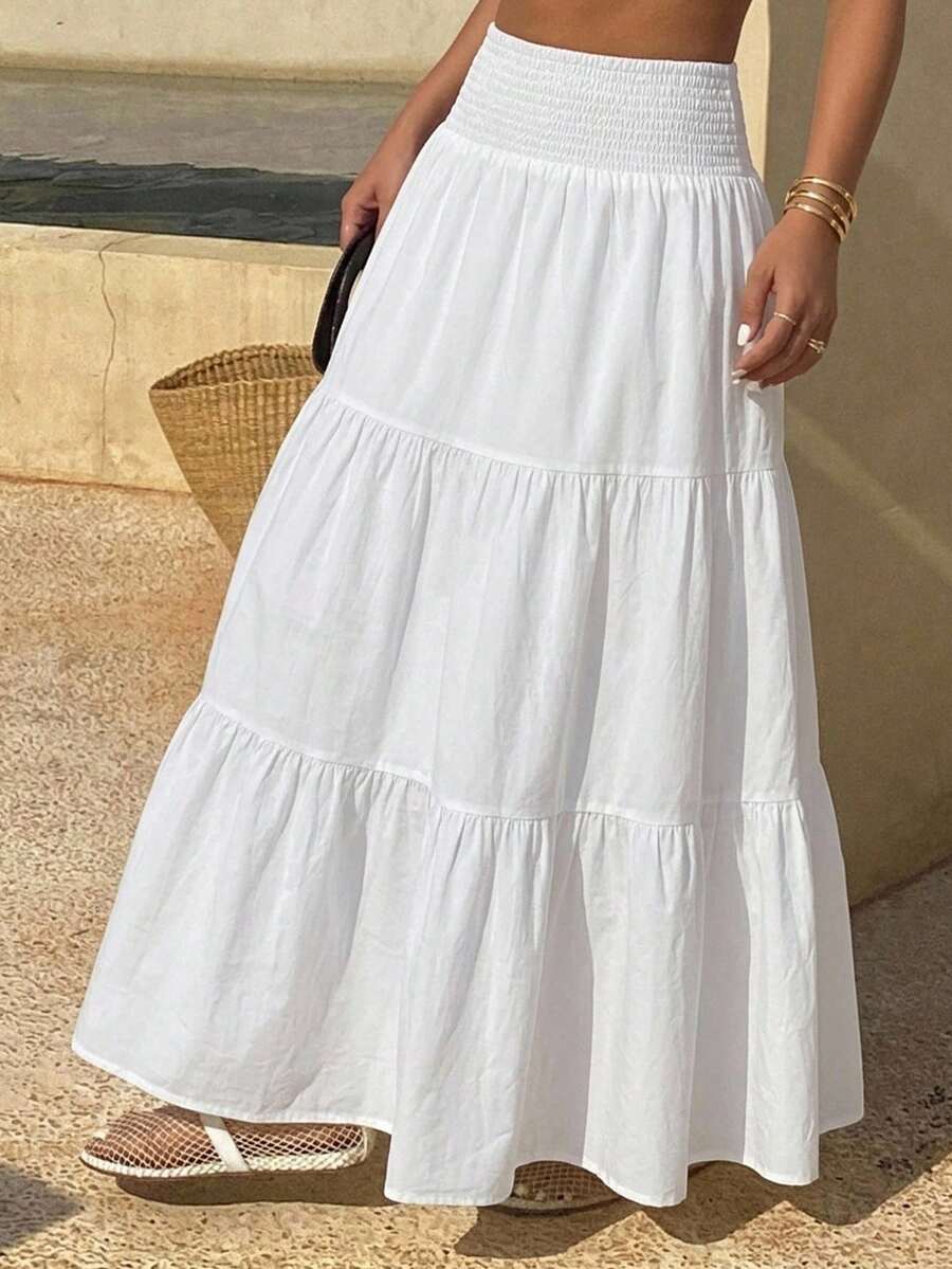 DAZY Falda acampanada de verano para mujer con volantes en el bajo, de color liso y textura.