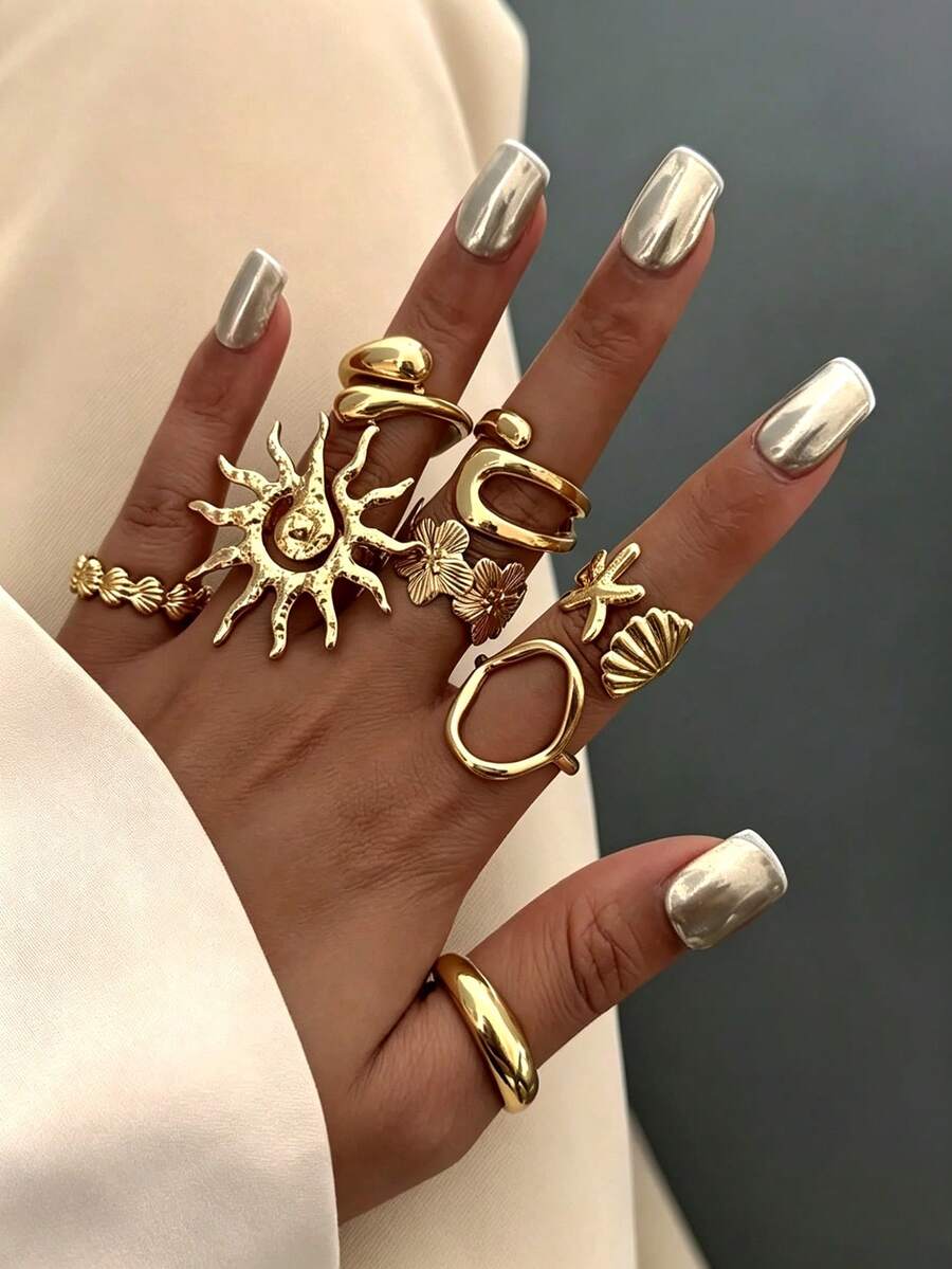 Set de 10 anillos de banda ancha geométrica hueca minimalista y elegante