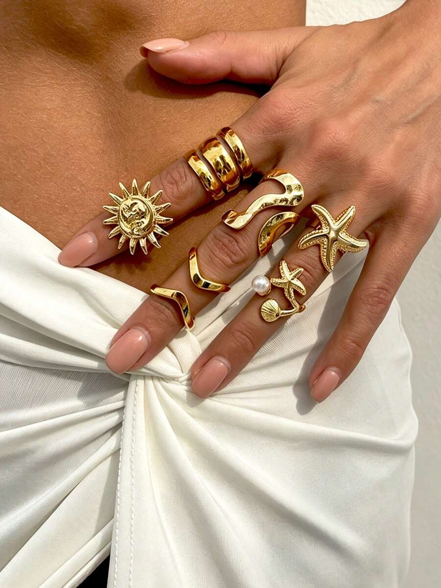 Set de 10 anillos de banda ancha geométrica hueca minimalista y elegante
