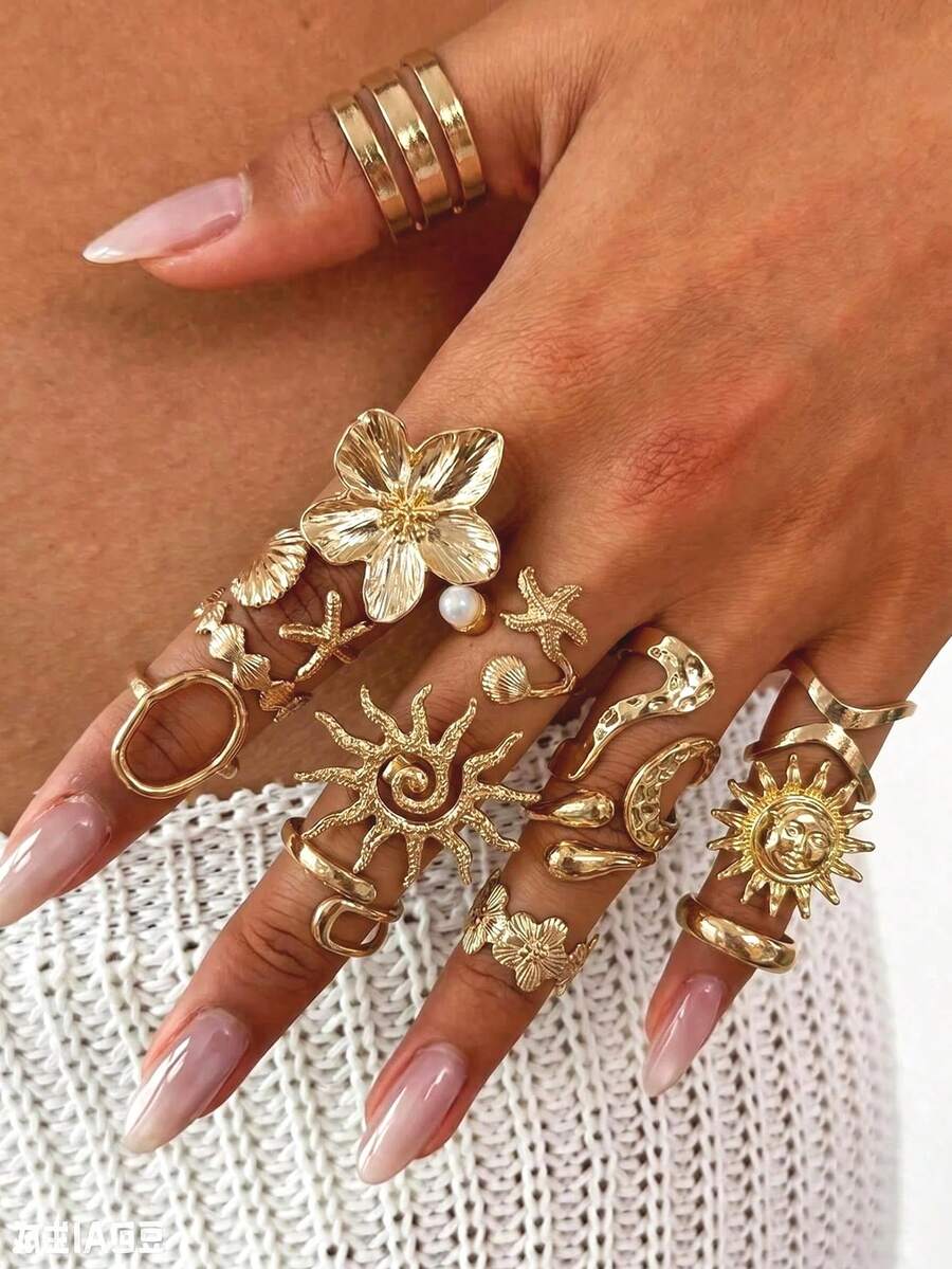 Set de 10 anillos de banda ancha geométrica hueca minimalista y elegante