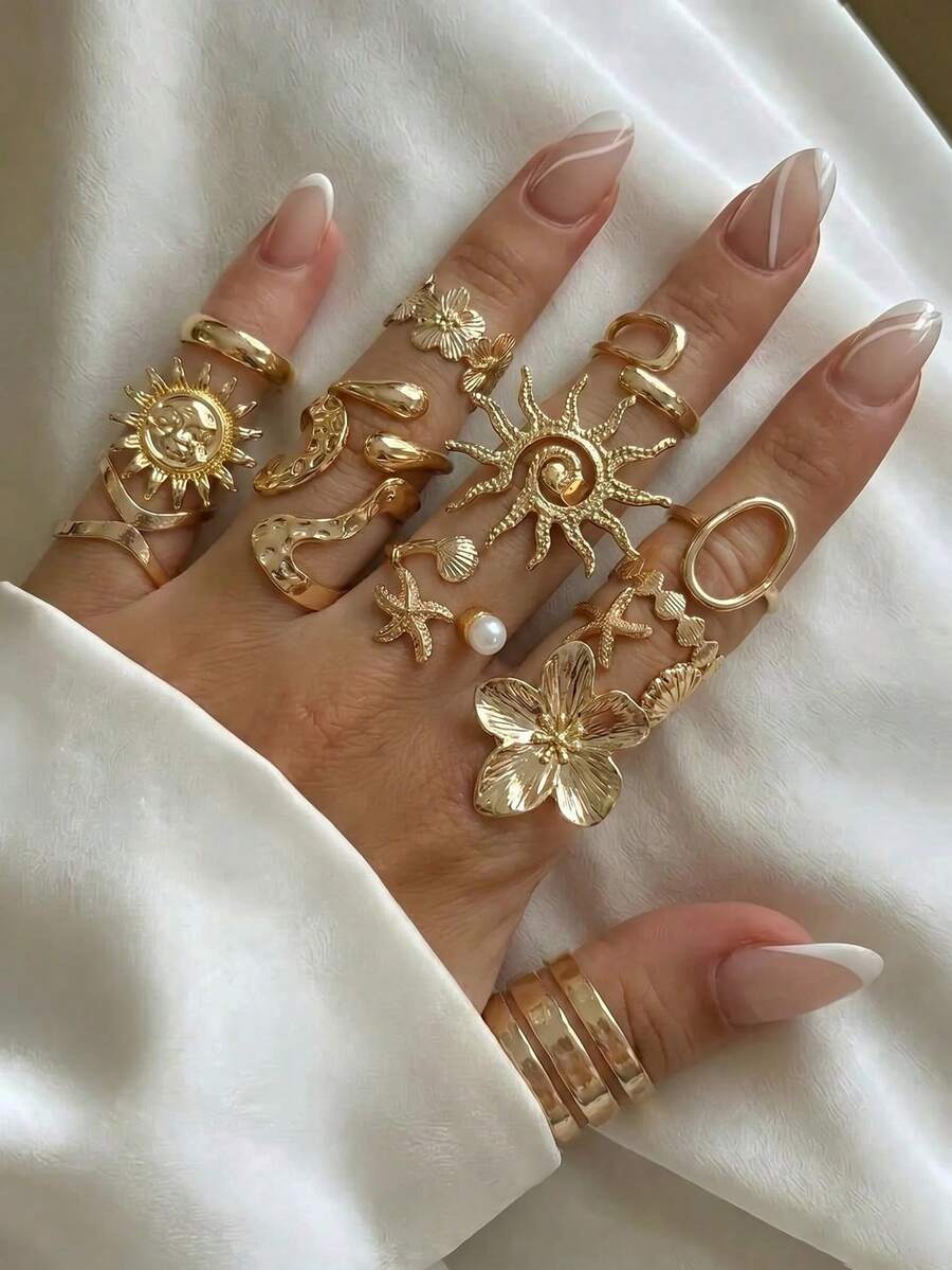 Set de 10 anillos de banda ancha geométrica hueca minimalista y elegante