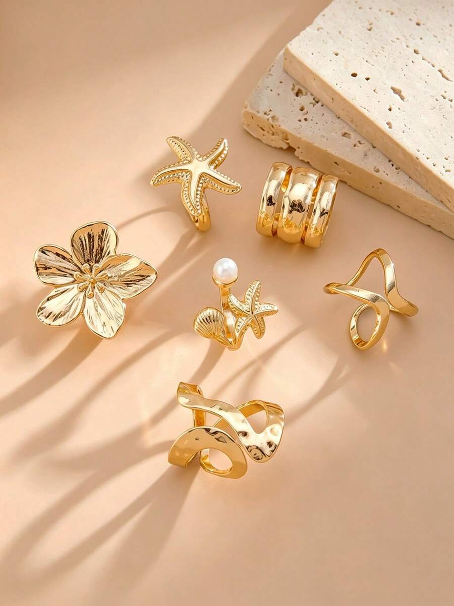 Set de 10 anillos de banda ancha geométrica hueca minimalista y elegante