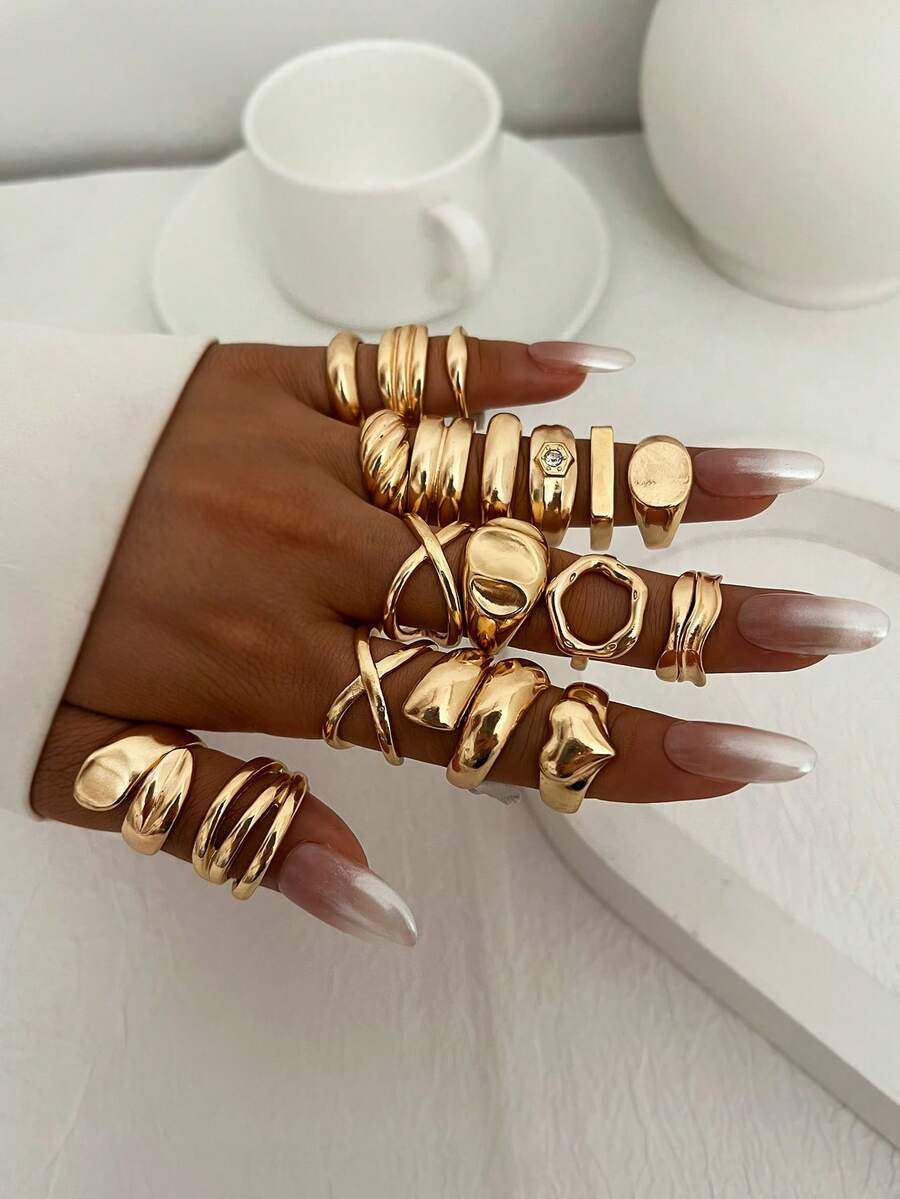 Set de 10 anillos de banda ancha geométrica hueca minimalista y elegante