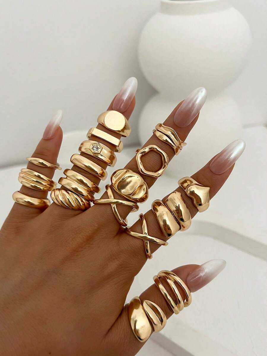 Set de 10 anillos de banda ancha geométrica hueca minimalista y elegante