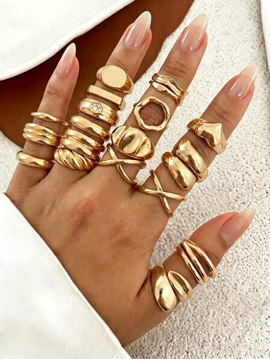 Set de 10 anillos de banda ancha geométrica hueca minimalista y elegante