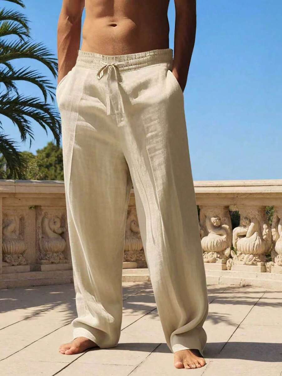 Pantalones largos casuales de lino para hombre, finos y transpirables