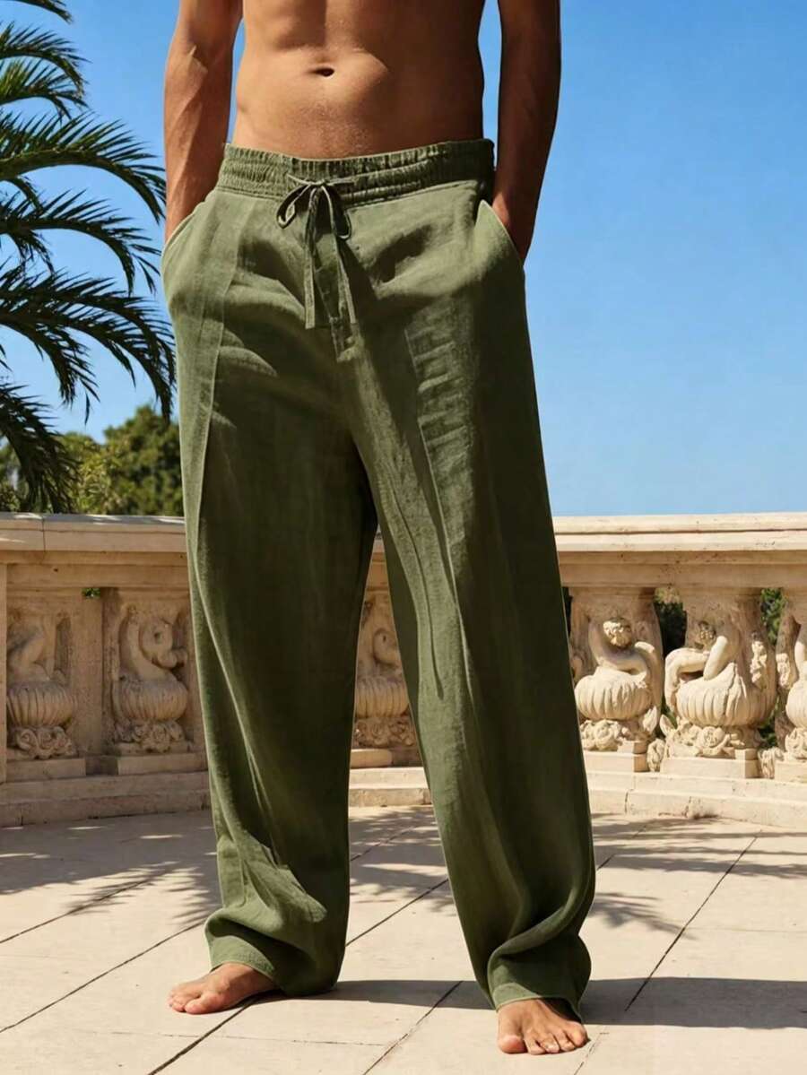Pantalones largos casuales de lino para hombre, finos y transpirables