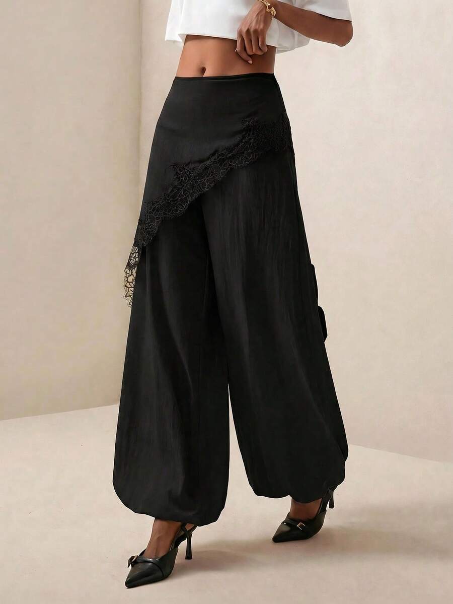 Pantalones anchos de pierna ancha con encaje