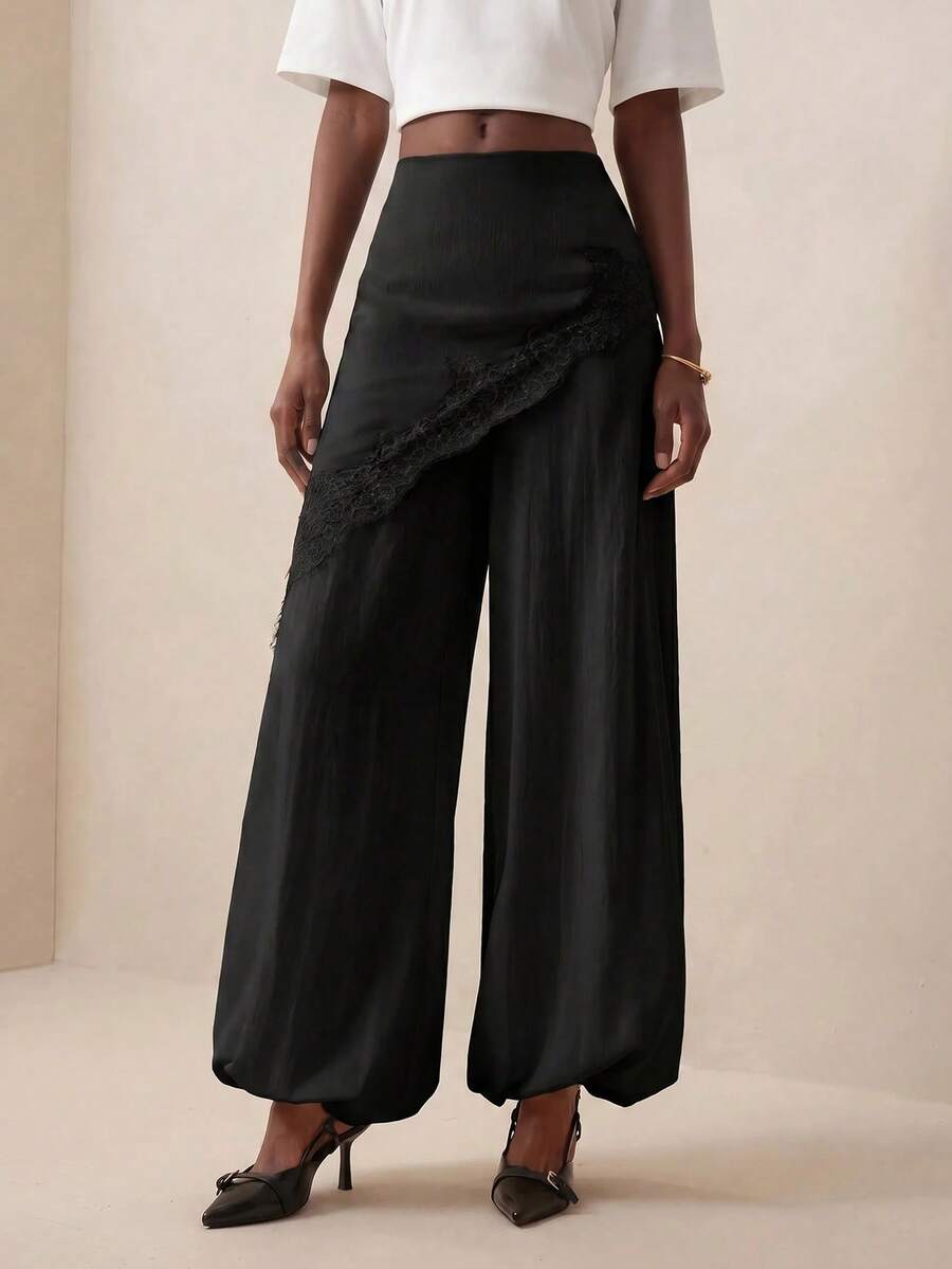 Pantalones anchos de pierna ancha con encaje