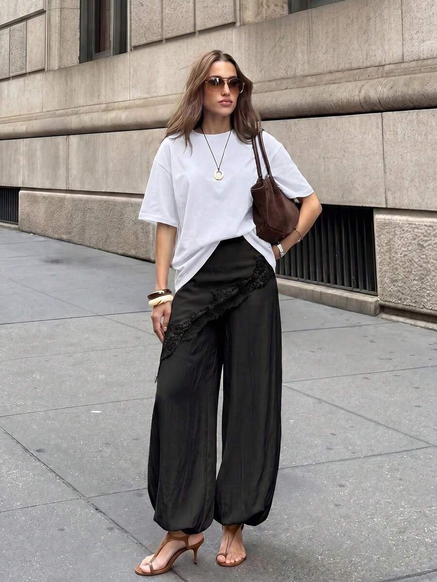 Pantalones anchos de pierna ancha con encaje