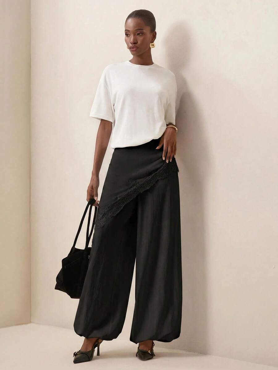 Pantalones anchos de pierna ancha con encaje