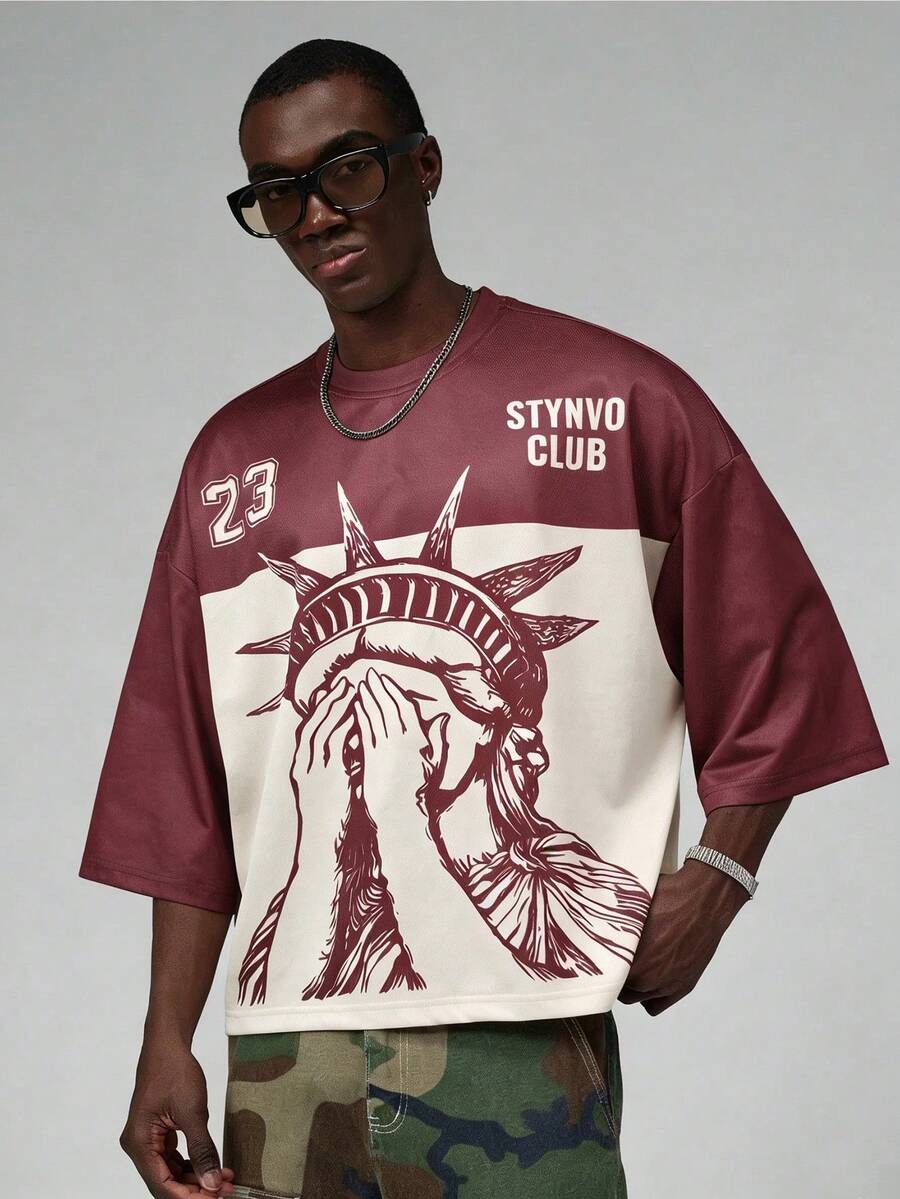 Camiseta suelta de hombro caído con estampado de letras casual para hombre