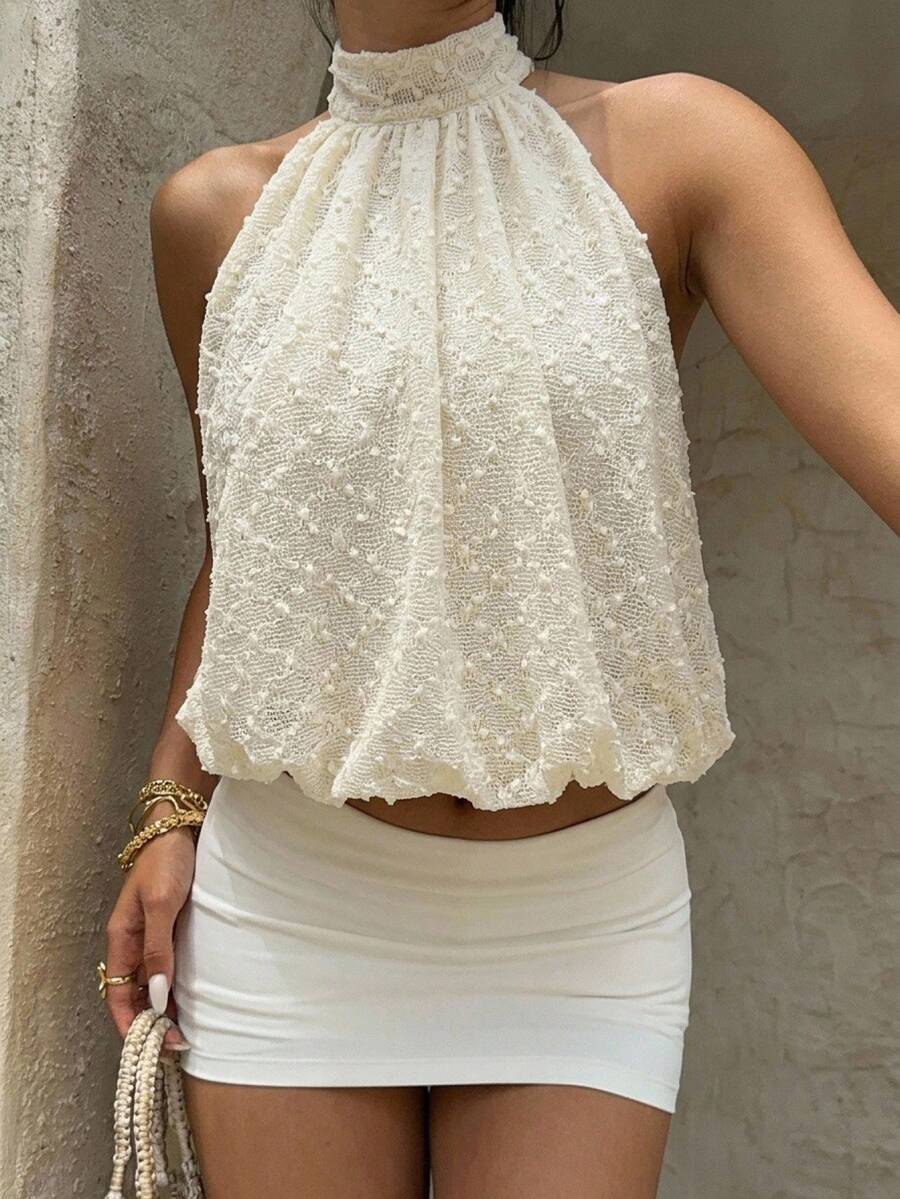 Blusa de verano casual de mujer con estampado de lunares y escote halter