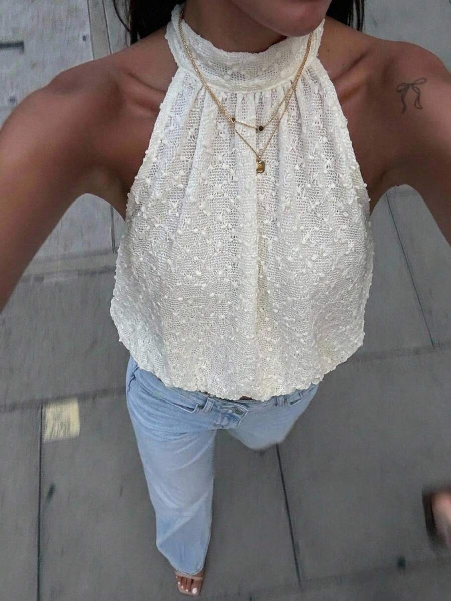 Blusa de verano casual de mujer con estampado de lunares y escote halter